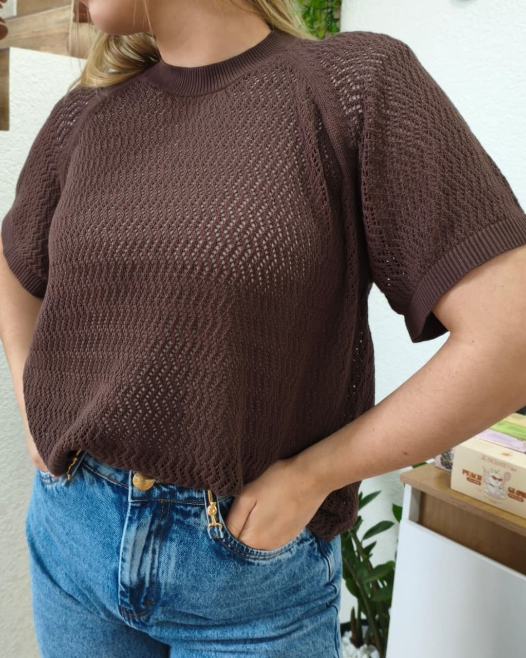 Blusa alongada em ponto vazado Biamar 12557